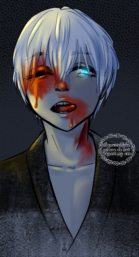 Suwa with blood smeared on his face, licking some of it from the corner of his mouth.